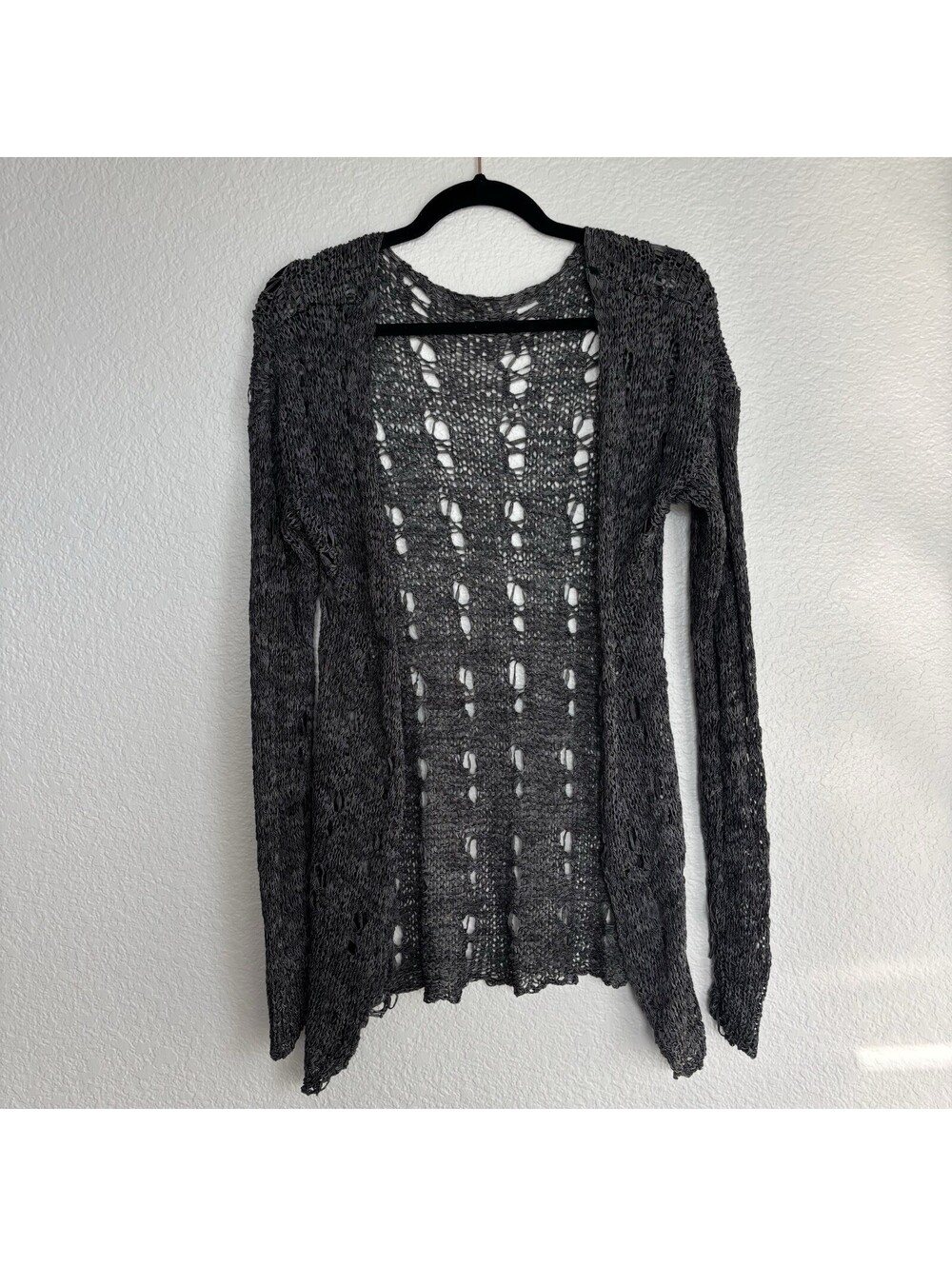 Poof Open Knit Crochet Cardigan Gray Long Sleeve Boho Lightweight Size Small